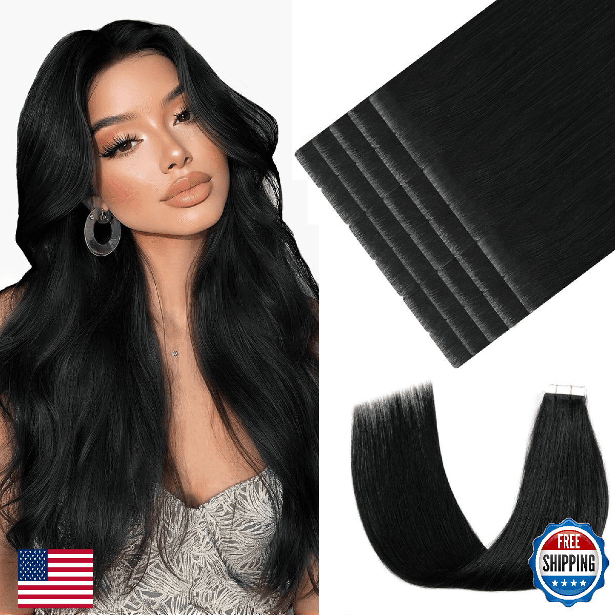 Youngsmile Injection Tape in Hair Extensions Real Human Hair, #1 Jet Black 14 In - Image 1