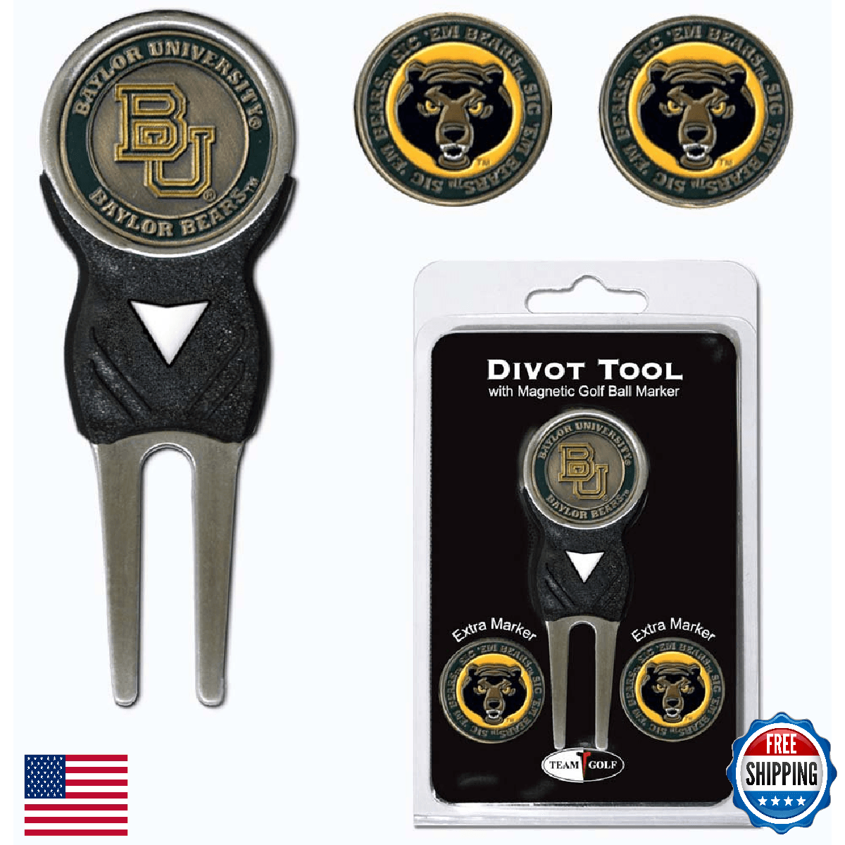 Team Golf NCAA Baylor Bears Divot Tool Pack w/ 3 Golf Ball Markers - Image 1