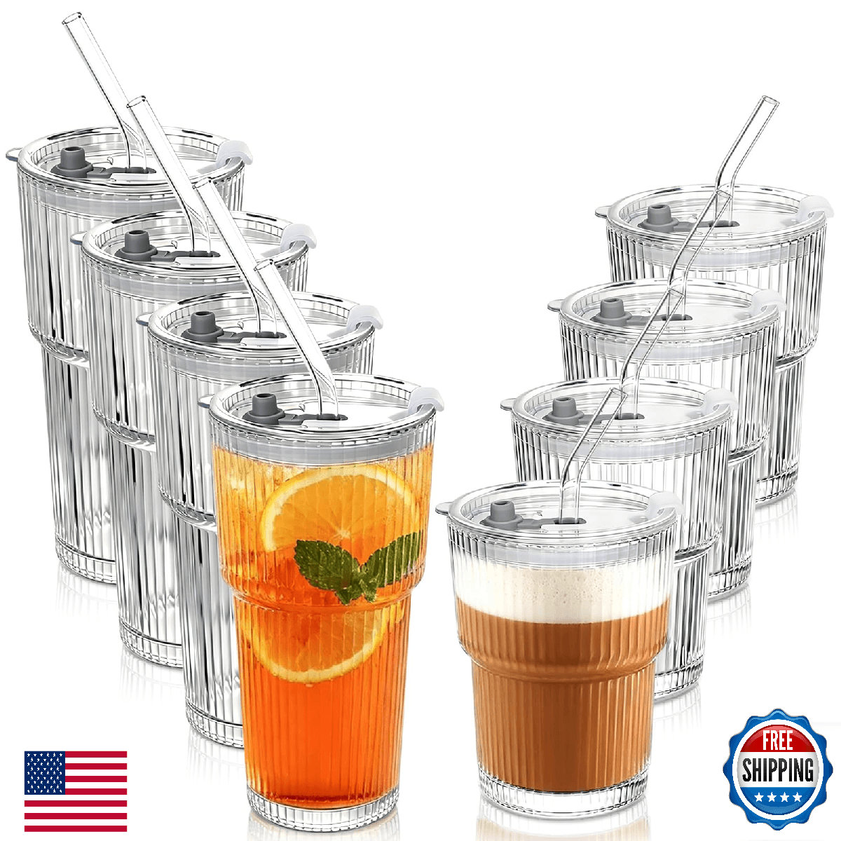 JUNDRUM Ribbed Drinking Glasses with Lids & Straws, Leak-Proof 20oz and 15oz Gla - Image 1