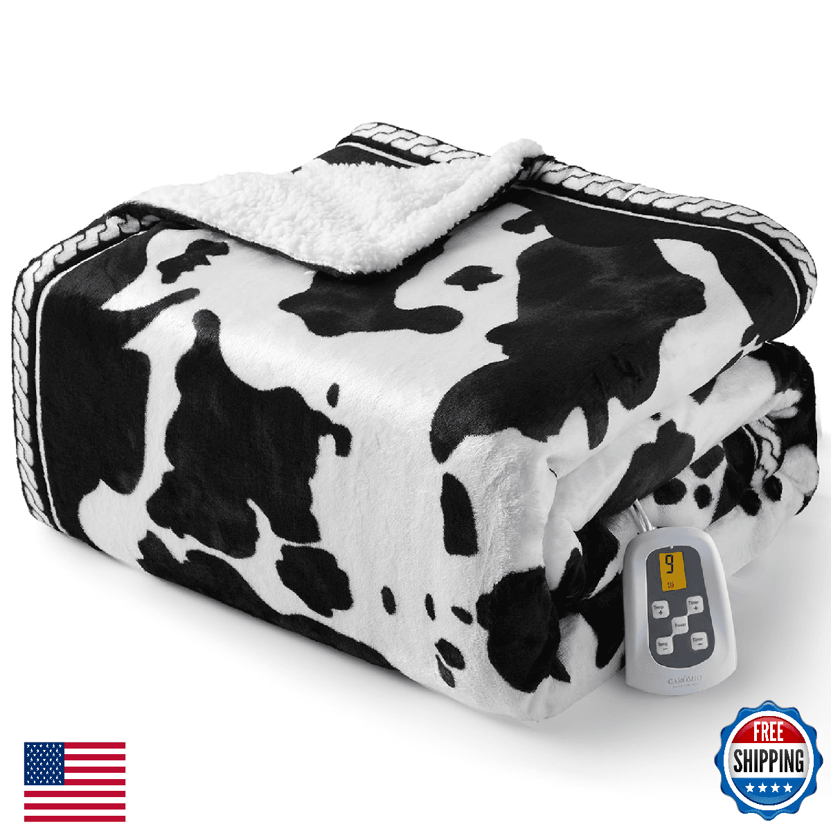 CAROMIO Heated Electric Blanket Twin Size, Cow Print Fast Heating Throw Blankets - Image 1