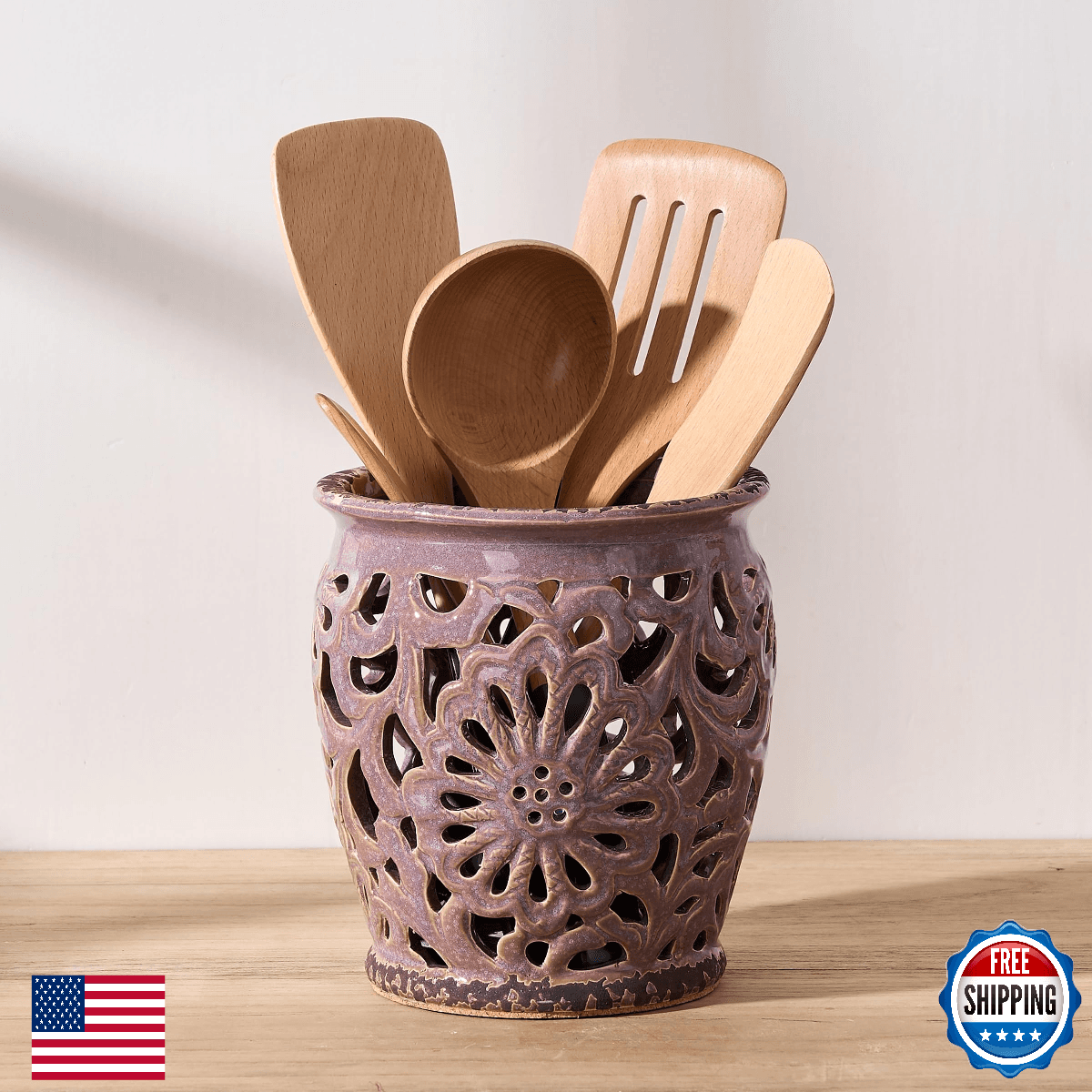 JH JIEMEI HOME Farmhouse Kitchen Utensil Holder Ceramic Large Cooking Crock Cork - Image 1