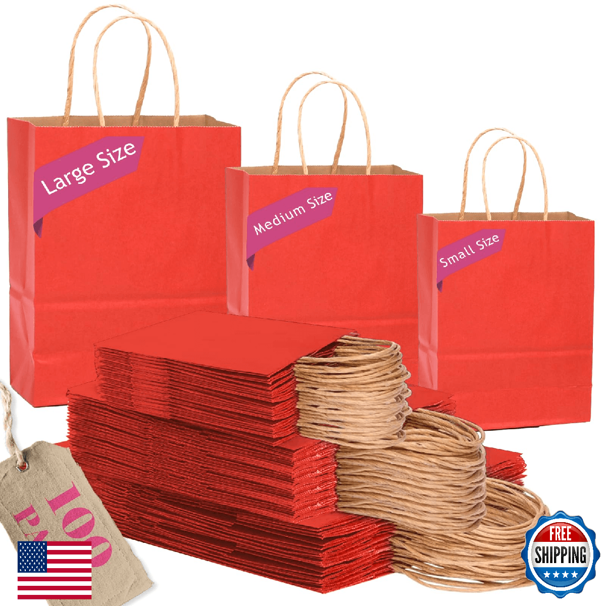 Qiqee 100 Kraft Red Gift Bags w/ Handles Assorted Sizes Holiday Party Wedding - Image 1