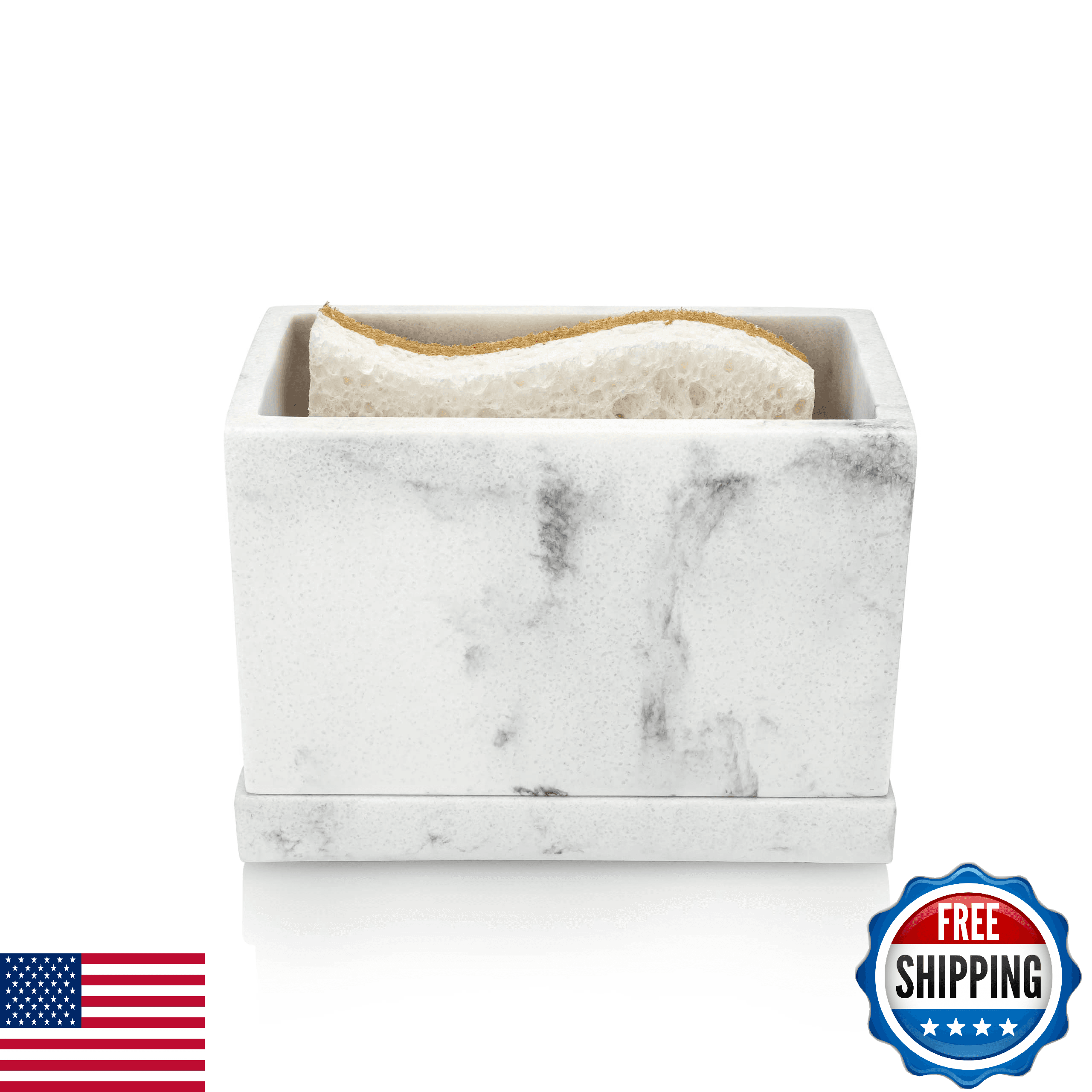 Essentra Home White Marble Kitchen Sink Caddy Sponge Holder Drain Tray - Image 1