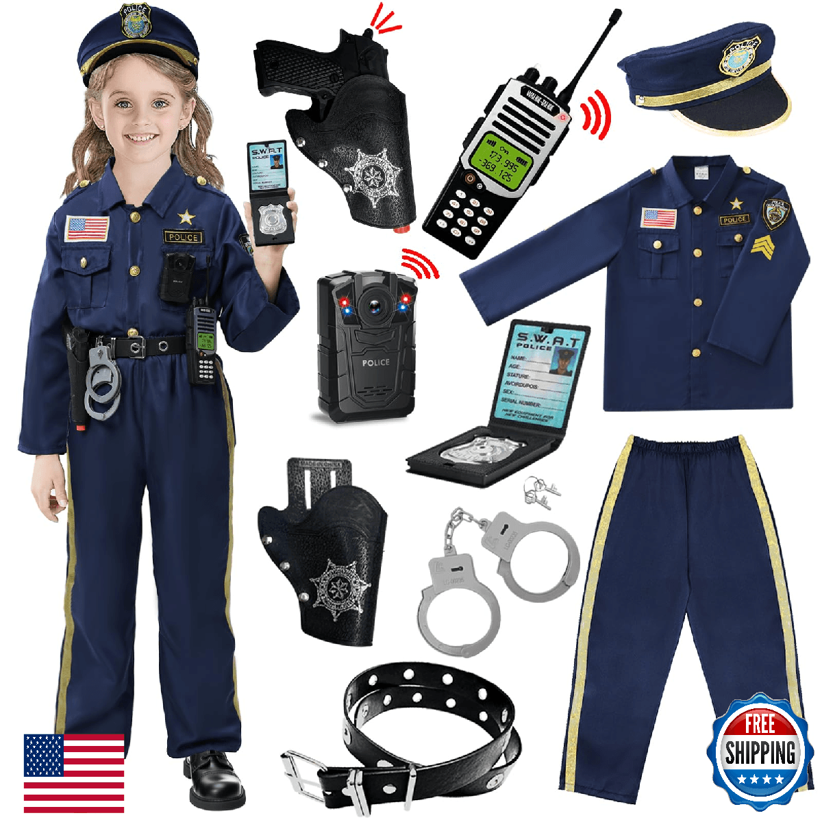BEIKEETOO Kids Police Officer Costume Uniform w/ Accessories, Boys & Girls - Image 1