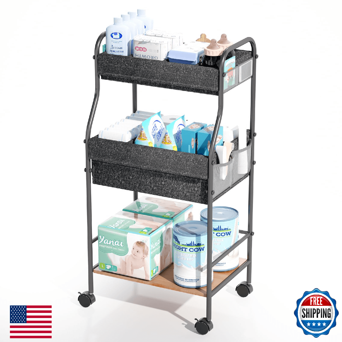 Cathyeen 3-Tier Rolling Baby Diaper Caddy Cart with 3+2 Dividers & Locking Wheel - Image 1