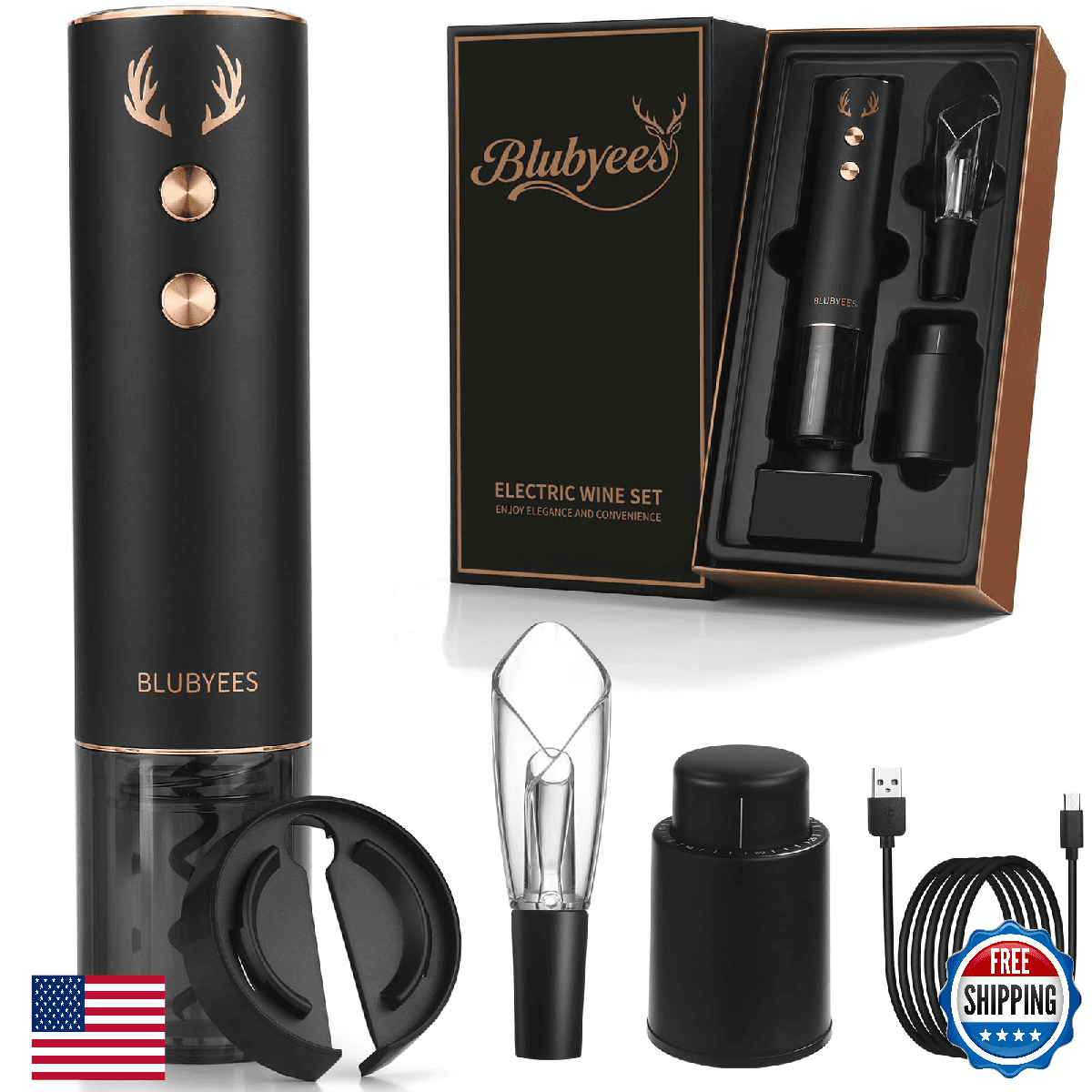 BLUBYEES 4-in-1 Rechargeable Electric Wine Opener Set - Automatic Corkscrew, Foi - Image 1