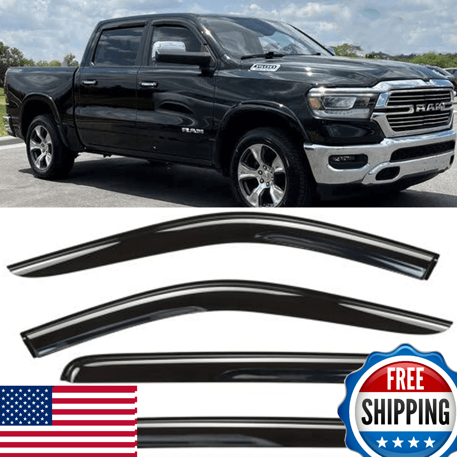 Ram 1500 Crew Cab Side Window Visors Rain Guards 4pc Set 2019-2025 Truck - Image 1
