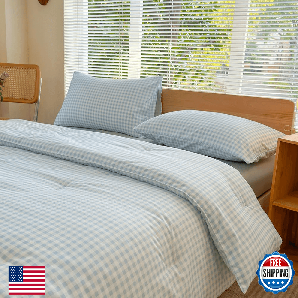 NSNLGSGC King Comforter Set, Light Blue Gingham Plaid Bedding, 3 Piece - Image 1
