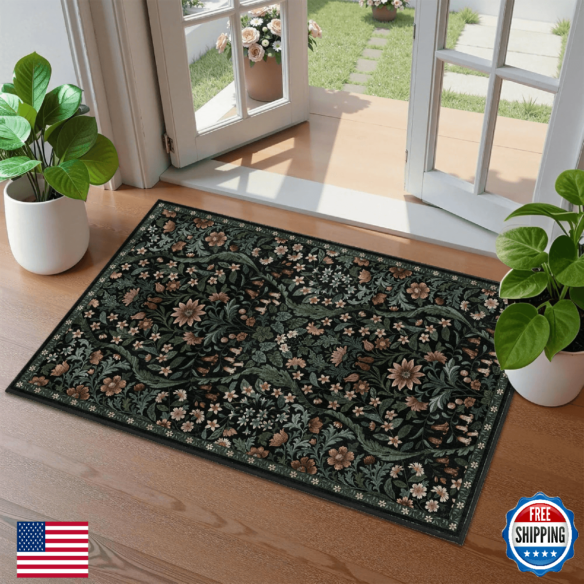 Floral 2x3 Entryway Rug Washable Non Slip Low Pile Black Boho Indoor Small Carpe - Image 1