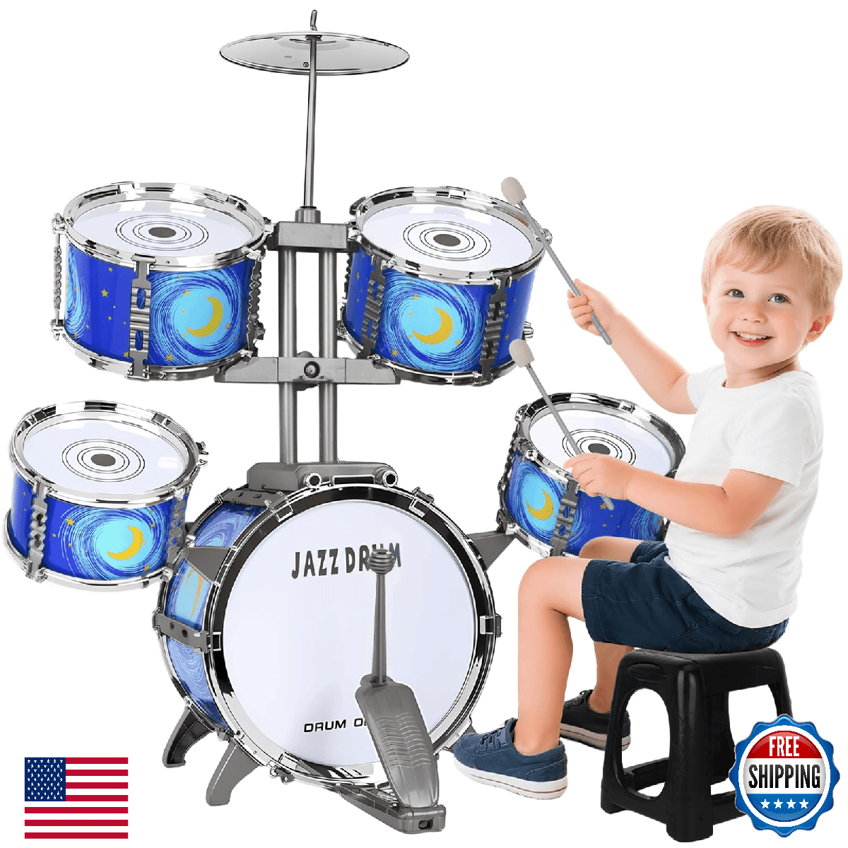 Kids Drum Set for Toddlers 3-5 Plastic Toy Jazz Drum Stool Musical Gift Boys Gir - Image 1