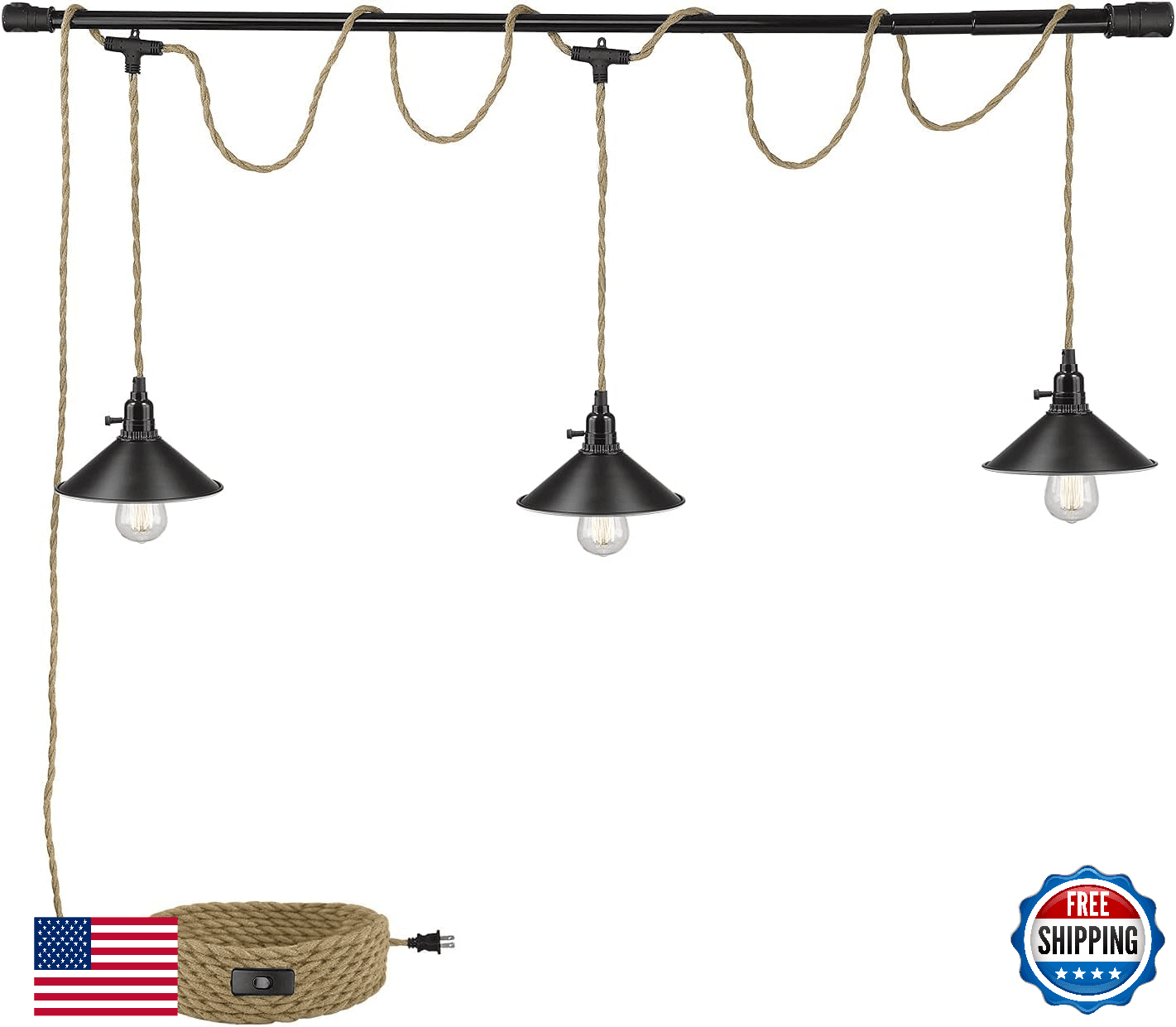 KENMI 3-Light Plug-in Pendant Light, 22ft Hemp Rope, E26, 60W Max - Image 1