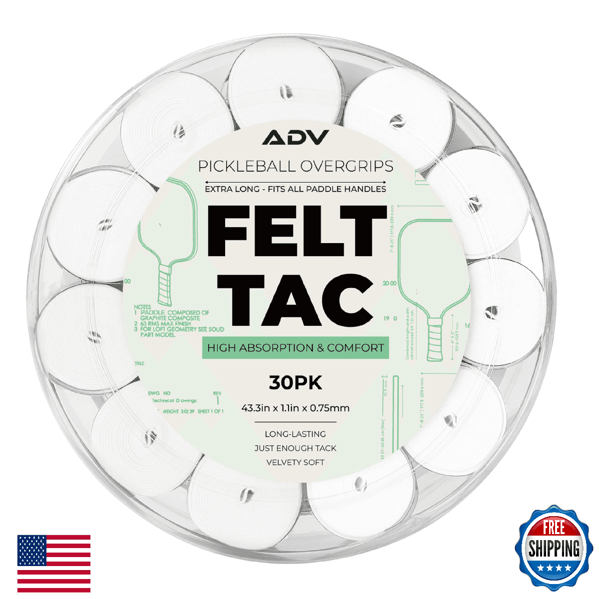 Felttac Pickleball Grip Tape 30 Pack White Soft Durable Sweat Absorbing Overgrip - Image 1