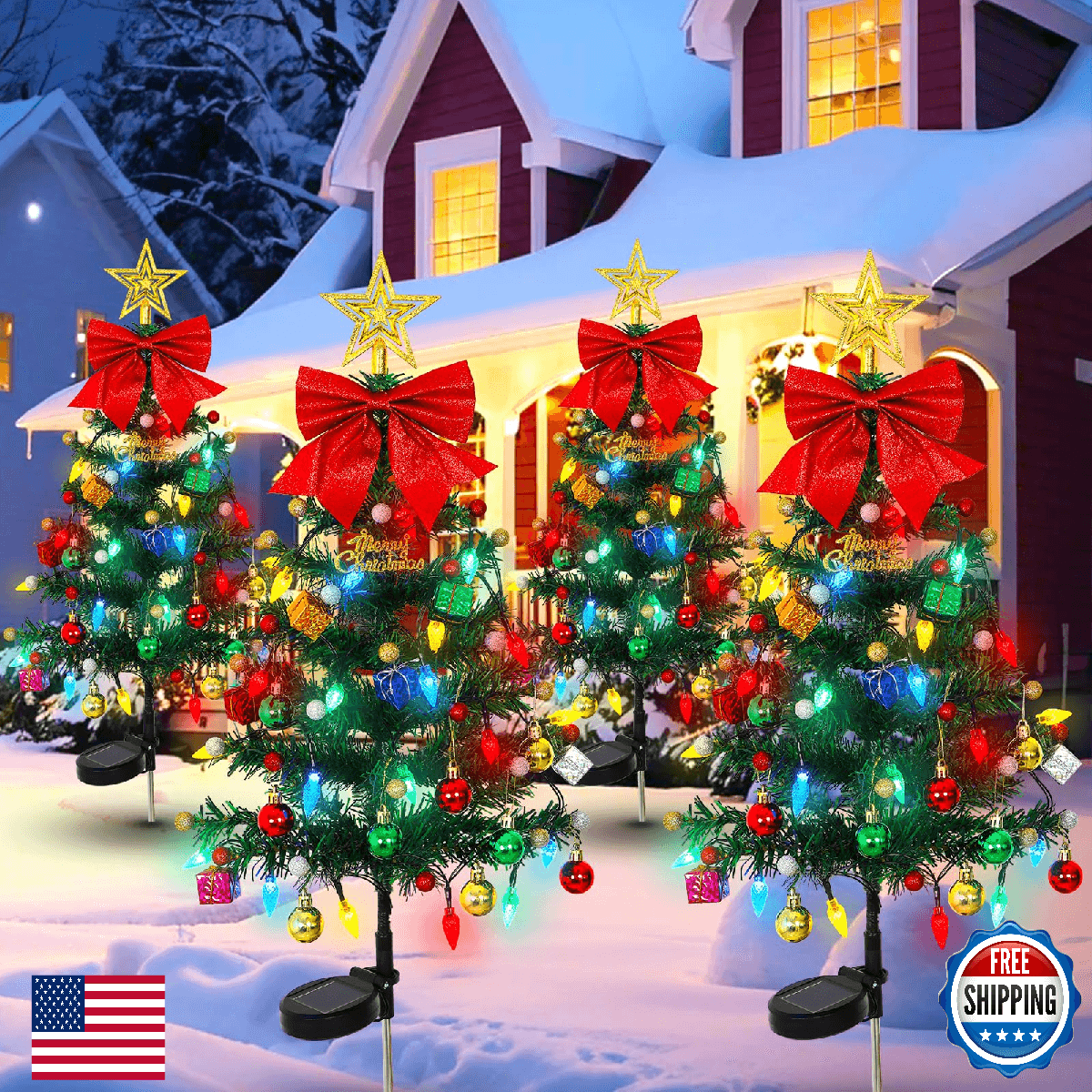 LOMOHOO 4-Pack 35.8" Solar Prelit Outdoor Christmas Trees w/LED Lights Decor - Image 1
