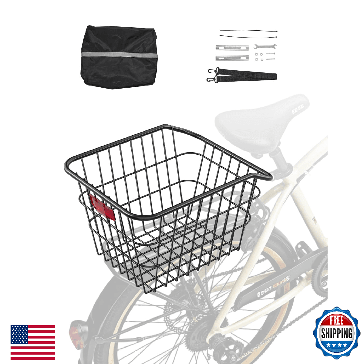 Vevor Rear Bike Basket Metal Wire Reflective Tail Light Waterproof 50lbs Capacit - Image 1