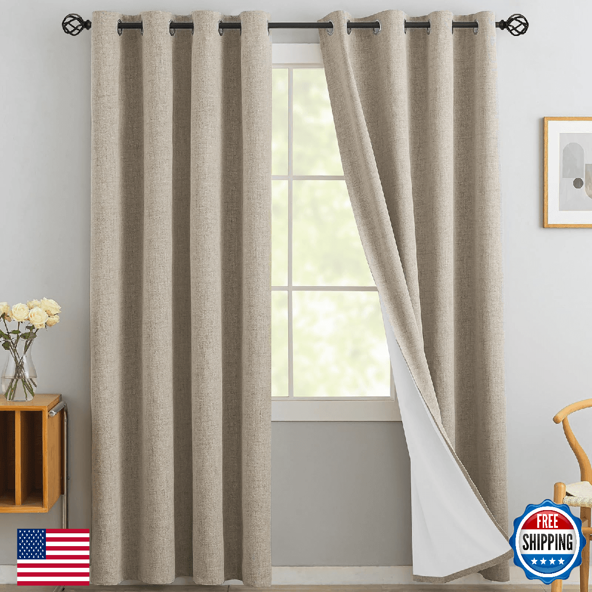 Yakamok Blackout Linen Curtains 96" Long - Room Darkening Thermal Grommet - Image 1