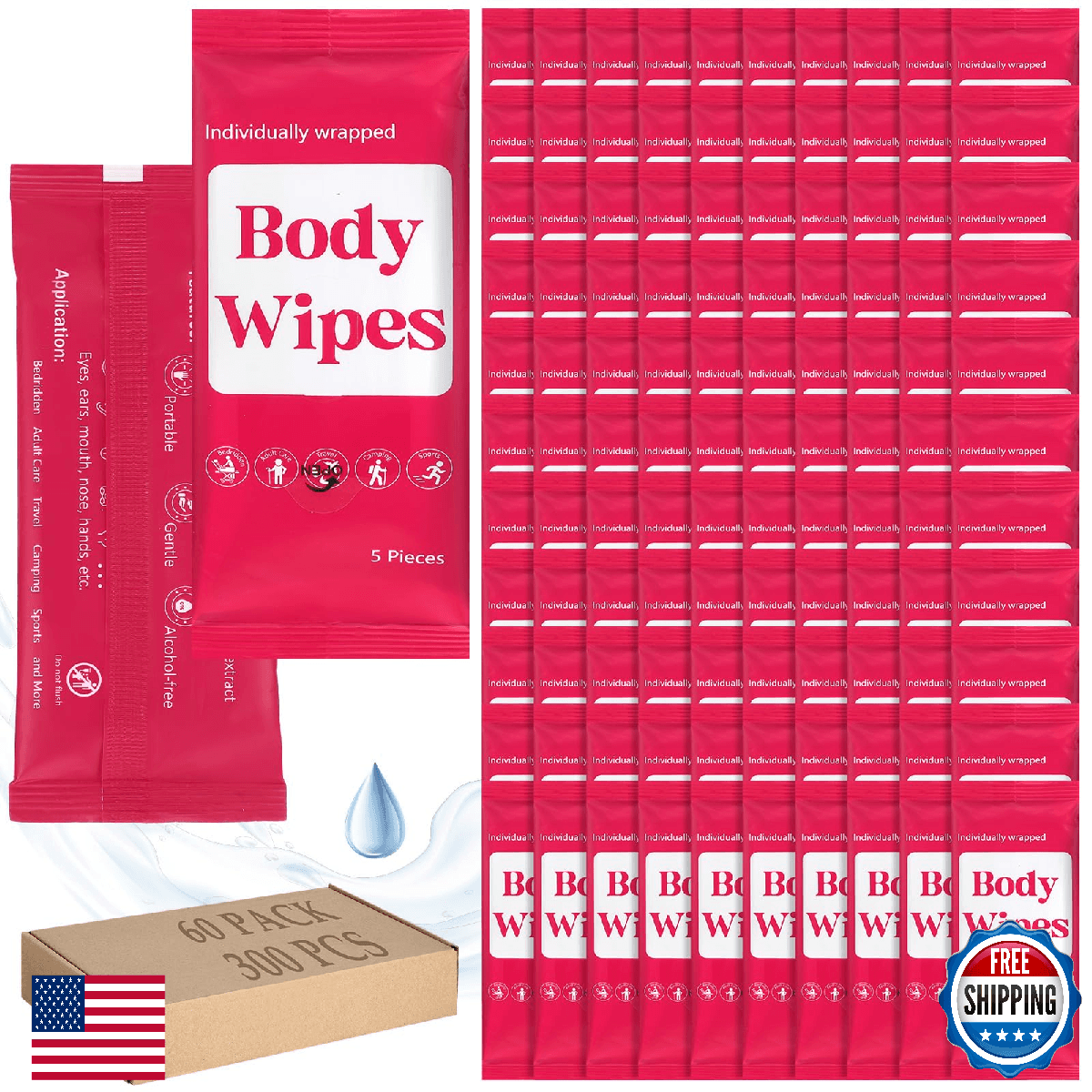 Threlaco 300 Pcs 60 Pack Body Wipes for Adults Bathing No Rinse Individually Wra - Image 1