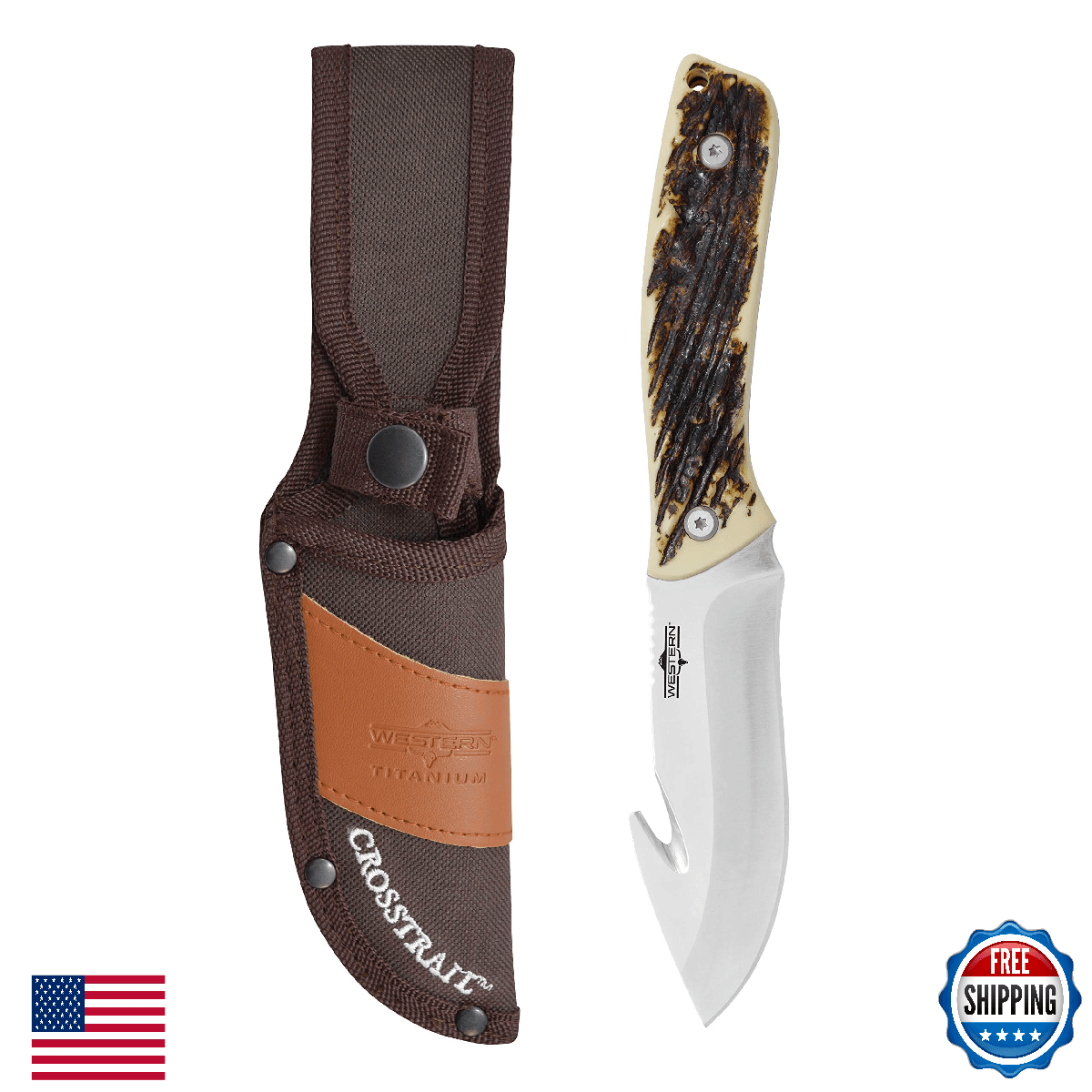 Camillus Western Crosstrail 9.25" Gut Hook Fixed Blade Hunting Knife 420 Steel - Image 1