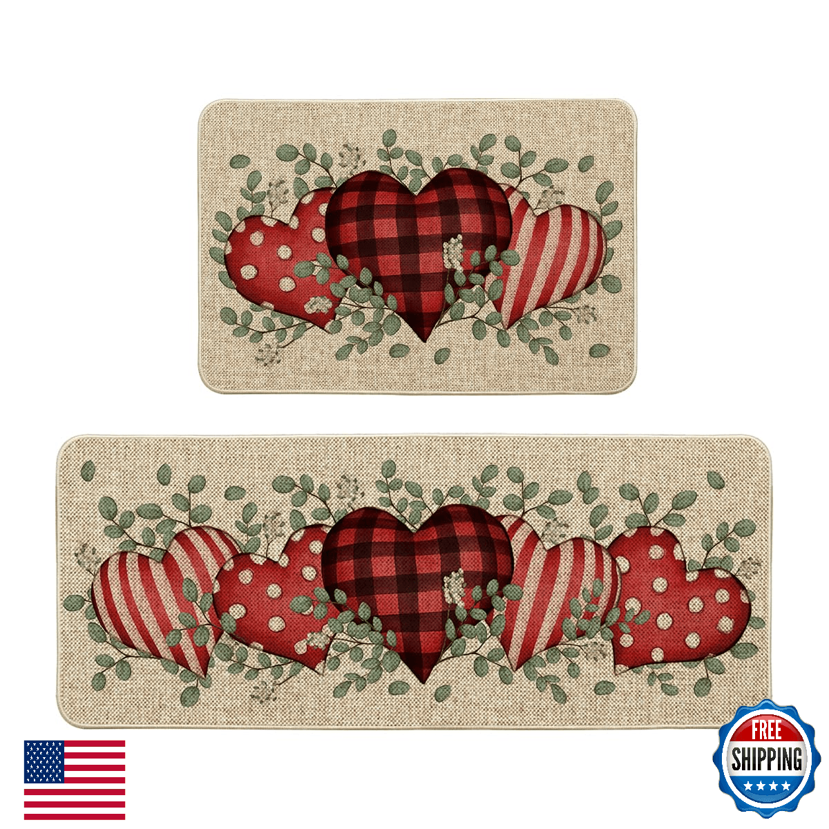 Artoid Mode Eucalyptus Love Heart Valentine's Decorative Kitchen Mats Set of 2, - Image 1