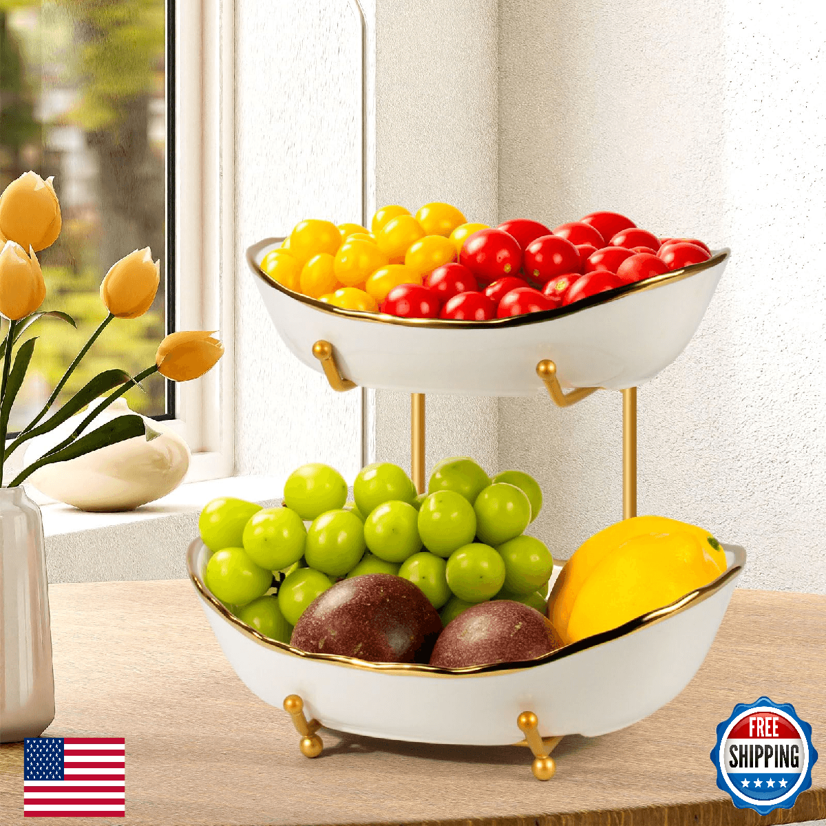 OdoVow 2 Tier Ceramic Fruit Bowl, Fruit Basket for Kitchen Counter, Tiered Fruit - Image 1