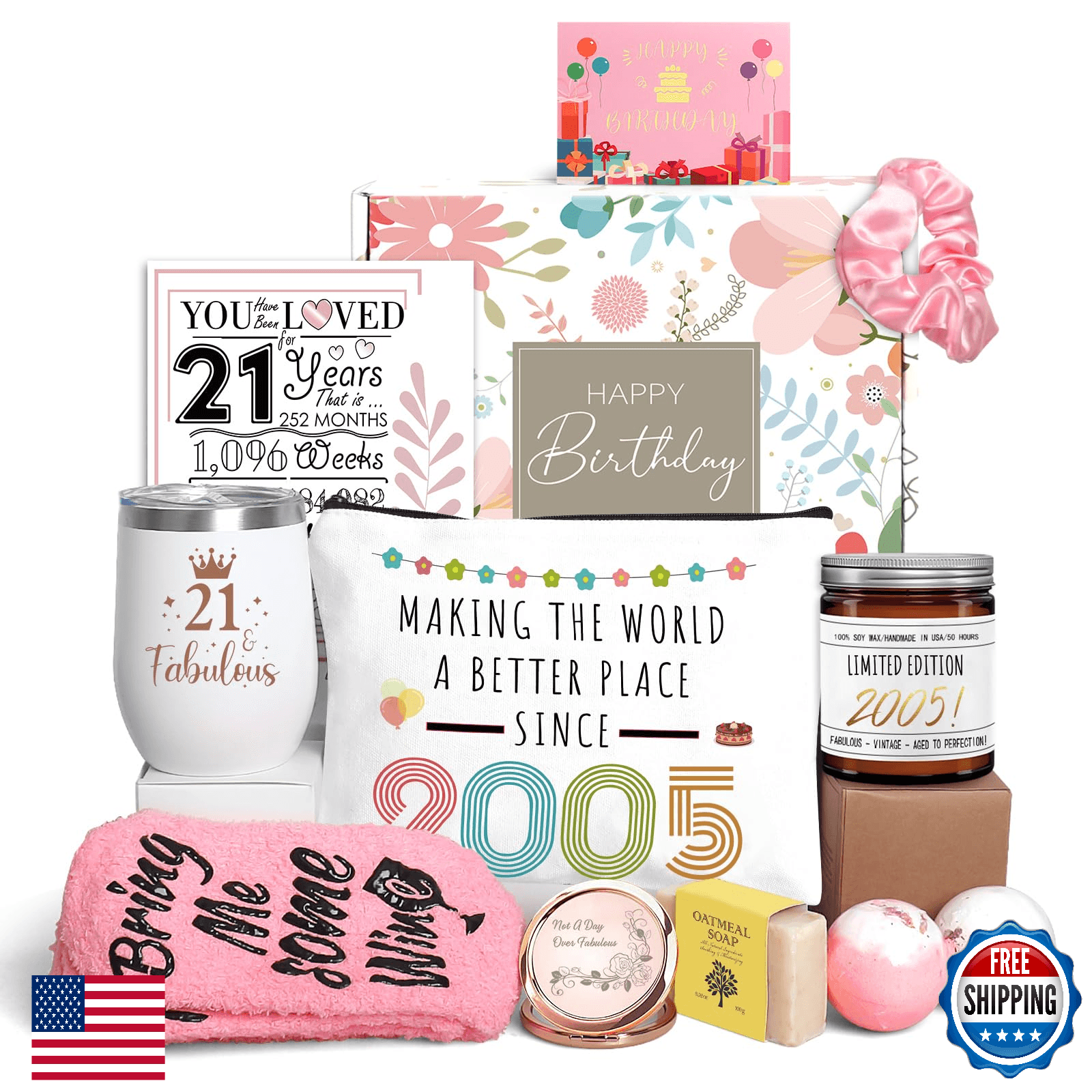 21st Birthday Gift Basket for Her, Women - Tumbler, Candle, Bath Bomb, Socks - Image 1