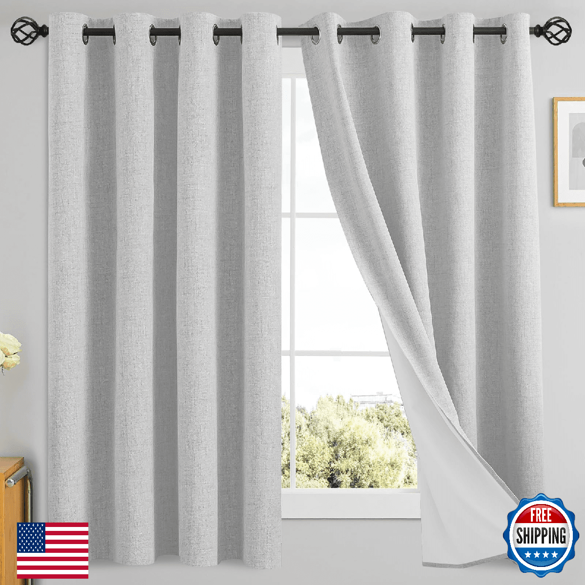 Yakamok White Linen 100% Blackout Curtains 63" Long Room Darkening Textured - Image 1