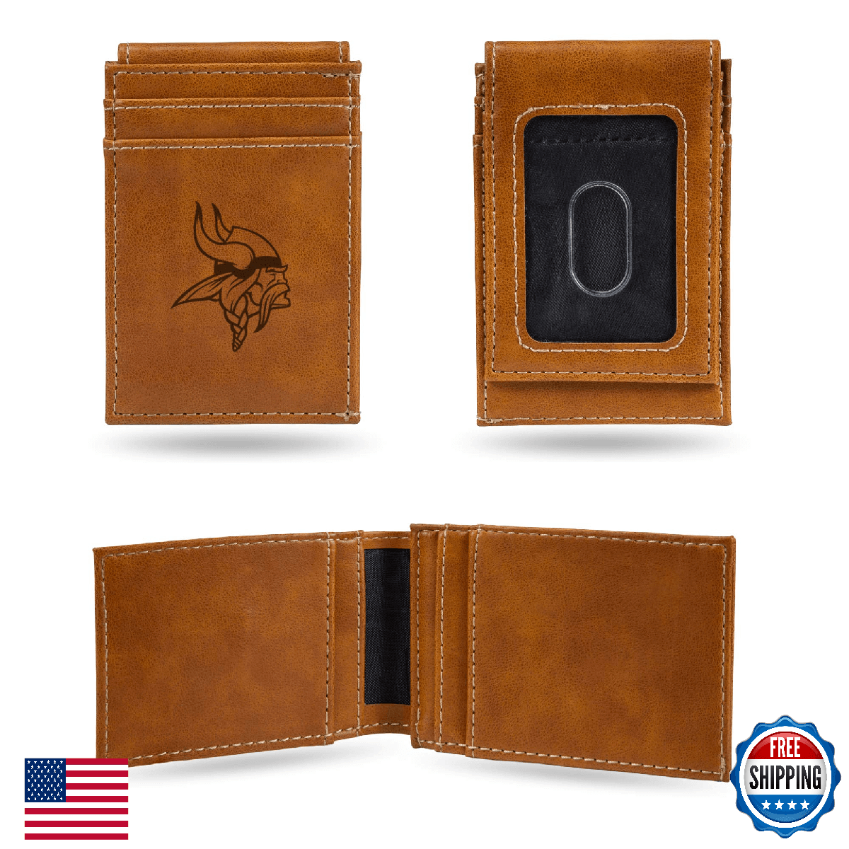 Rico Minnesota Vikings Laser Engraved Front Pocket Wallet 2.75x4 Brown - Image 1
