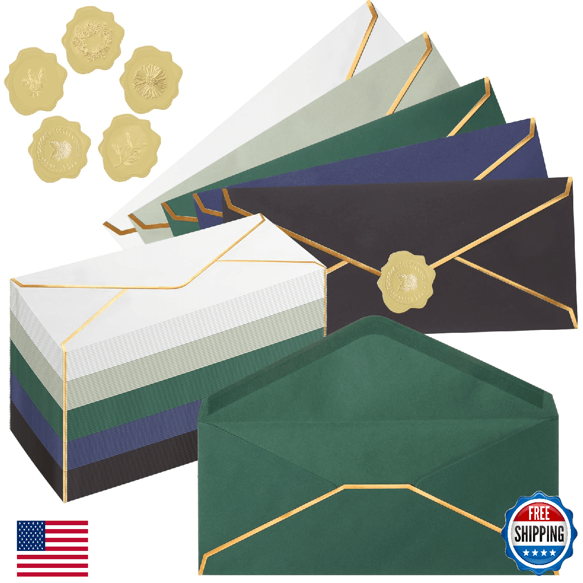 Jetec 100x #10 Envelopes, 5 Colors w/ Gold Border & Stickers - Business/Party - Image 1
