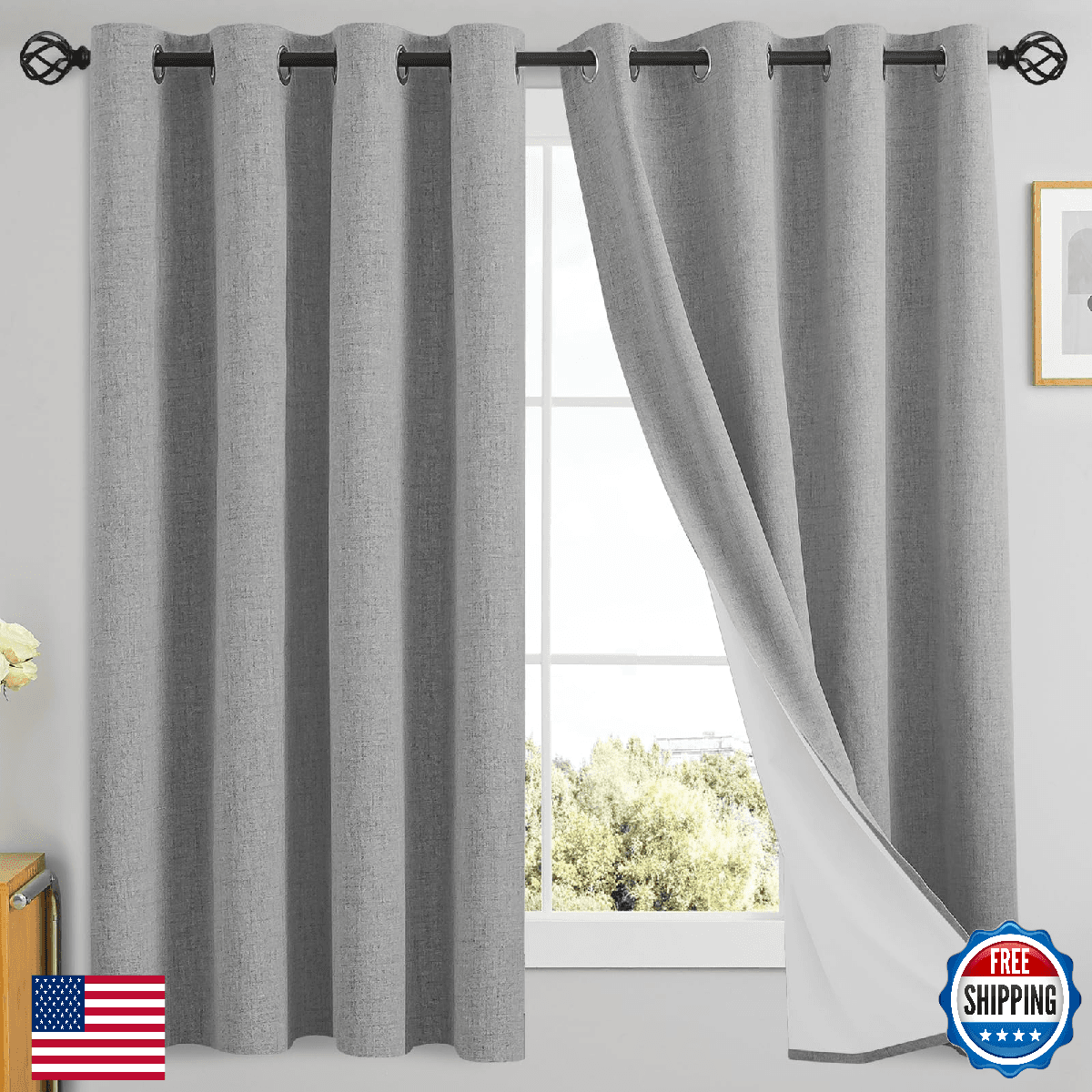 Yakamok Dove Grey 100% Blackout Linen Curtains 63" Long Room Darkening - Image 1
