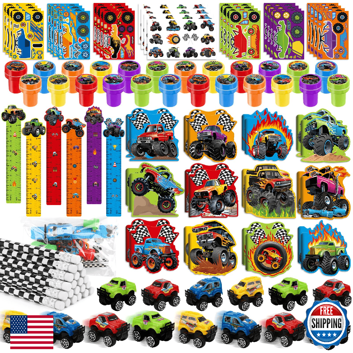 BenLouis 192Pcs Monster Truck Party Favors Truck Car Birthday Stampers Stickers - Image 1