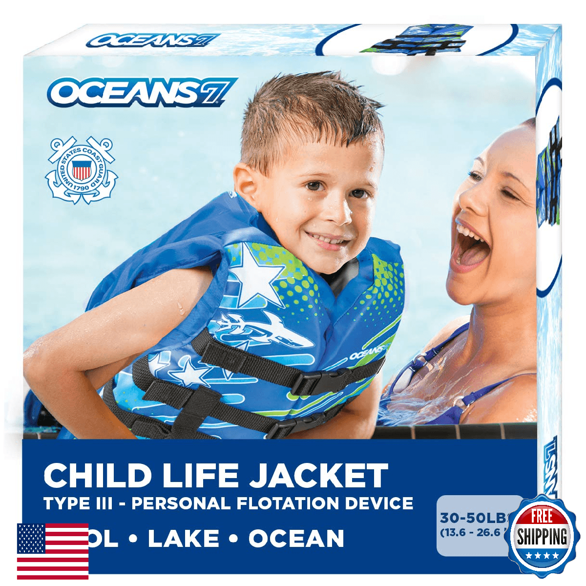 Oceans7 Kids Life Jacket: USCG-Approved Type III PFD (30-50 lbs) - Image 1