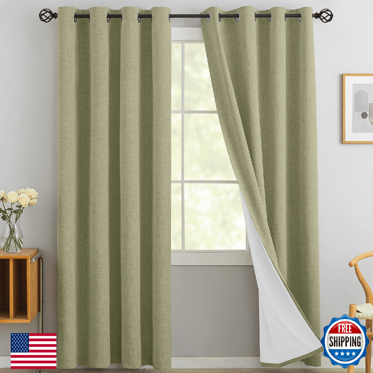 Yakamok Sage Green 100% Blackout Linen Curtains 96" Long Room Darkening Thermal - Image 1