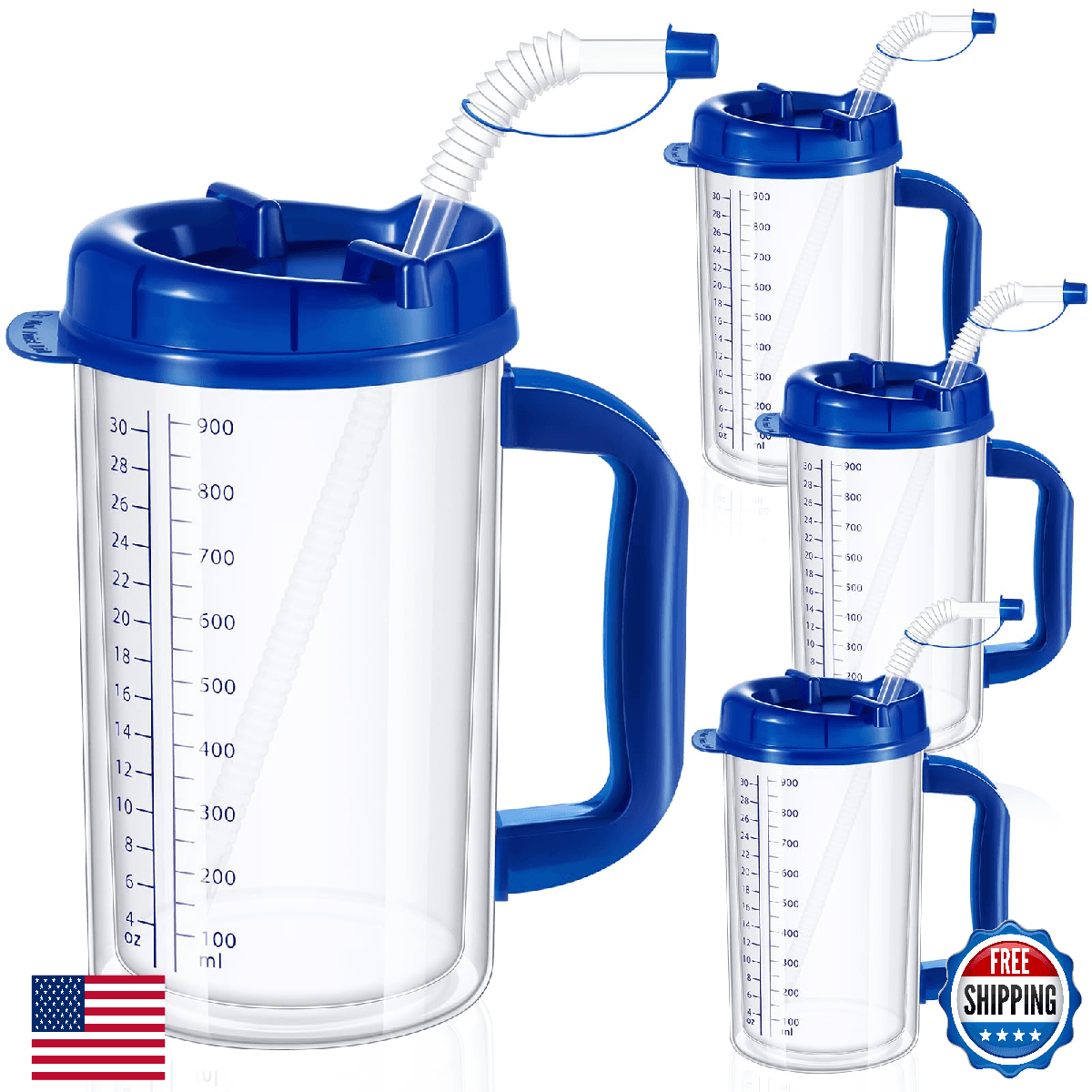 Kritkin 32oz Insulated Double Wall Hospital Water Cup w/ Straw & Lid, 4-Pack - Image 1