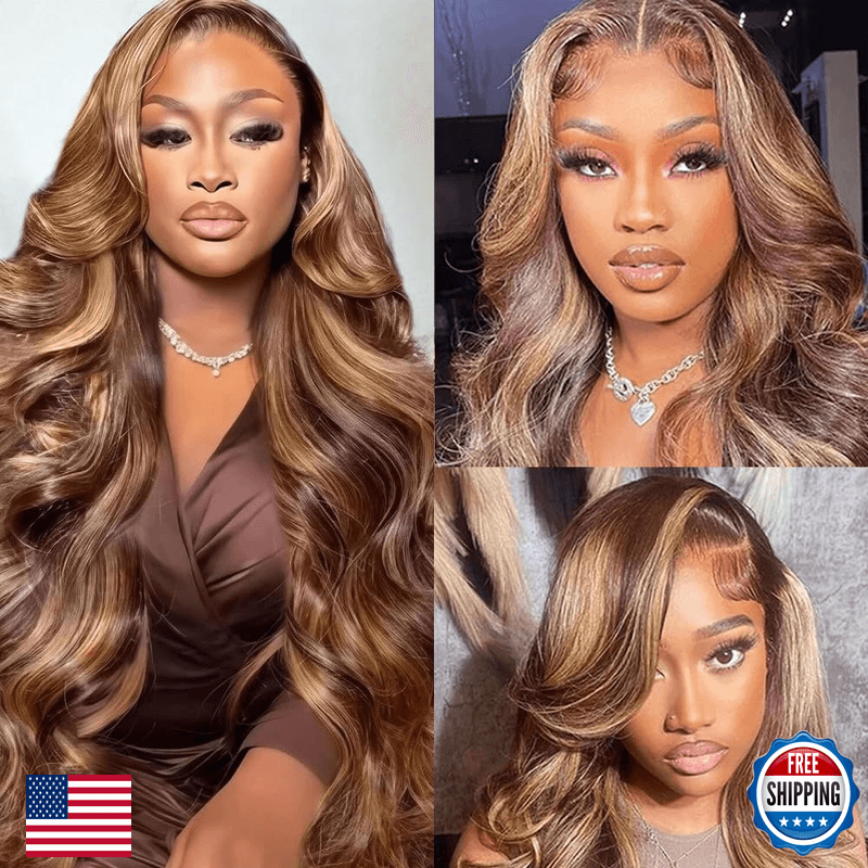 Belaved 4/27 Hihglight Wigs Human Hair Ombre 13X6 Lace Front Body Wave Honey - Image 1