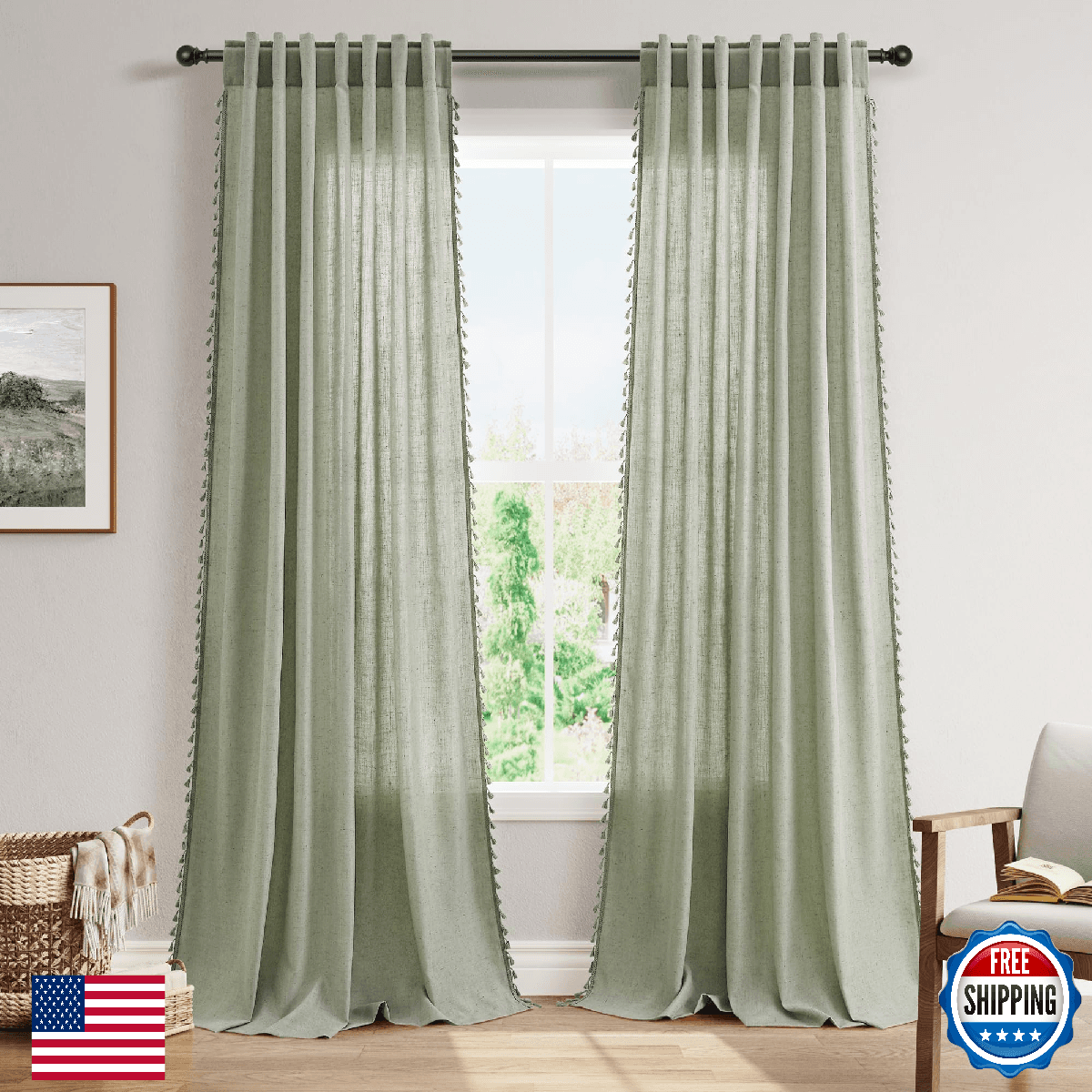 SMABU Sage Green Boho Linen Curtains 90 Inches Long 2 Panels Set, Light Filterin - Image 1