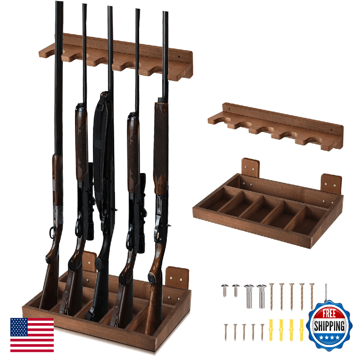 GlikCeil Wooden Vertical Wall Mount Gun Rack for 5 Long Guns, Fishing Rods - Image 1