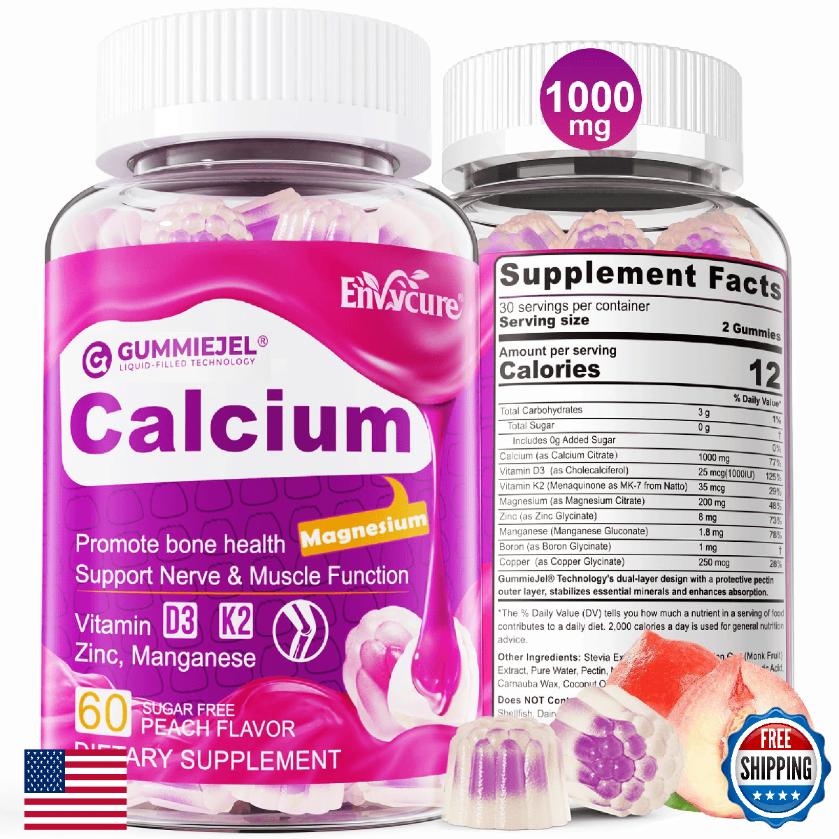 Sugar Free Calcium Citrate Gummies 1000mg with D3 K2 Magnesium for Bone Health - Image 1