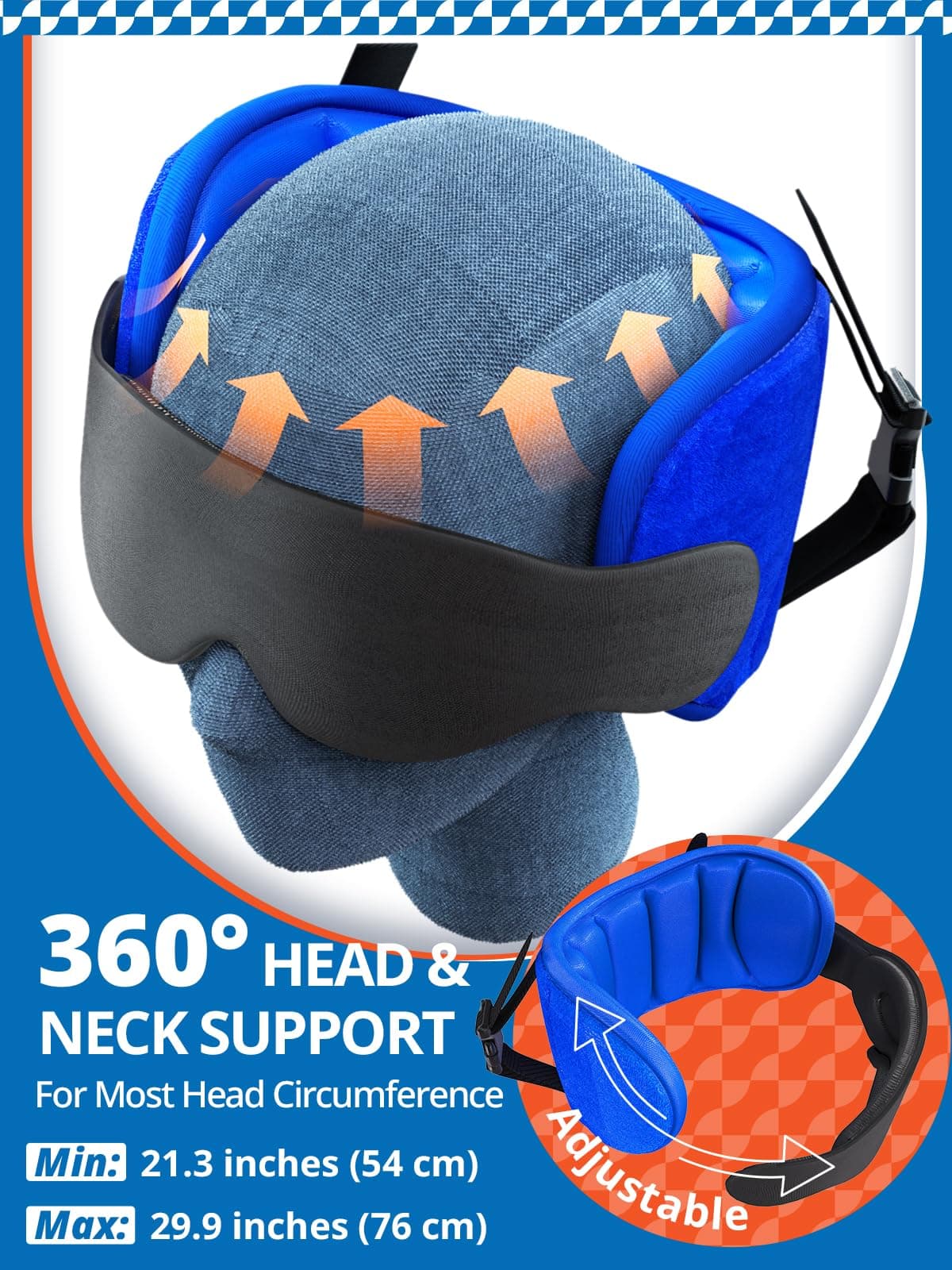 SARISUN Airplane Travel Pillow w/Chin Strap & Eye Mask - 360° Head Support - Thumbnail 6