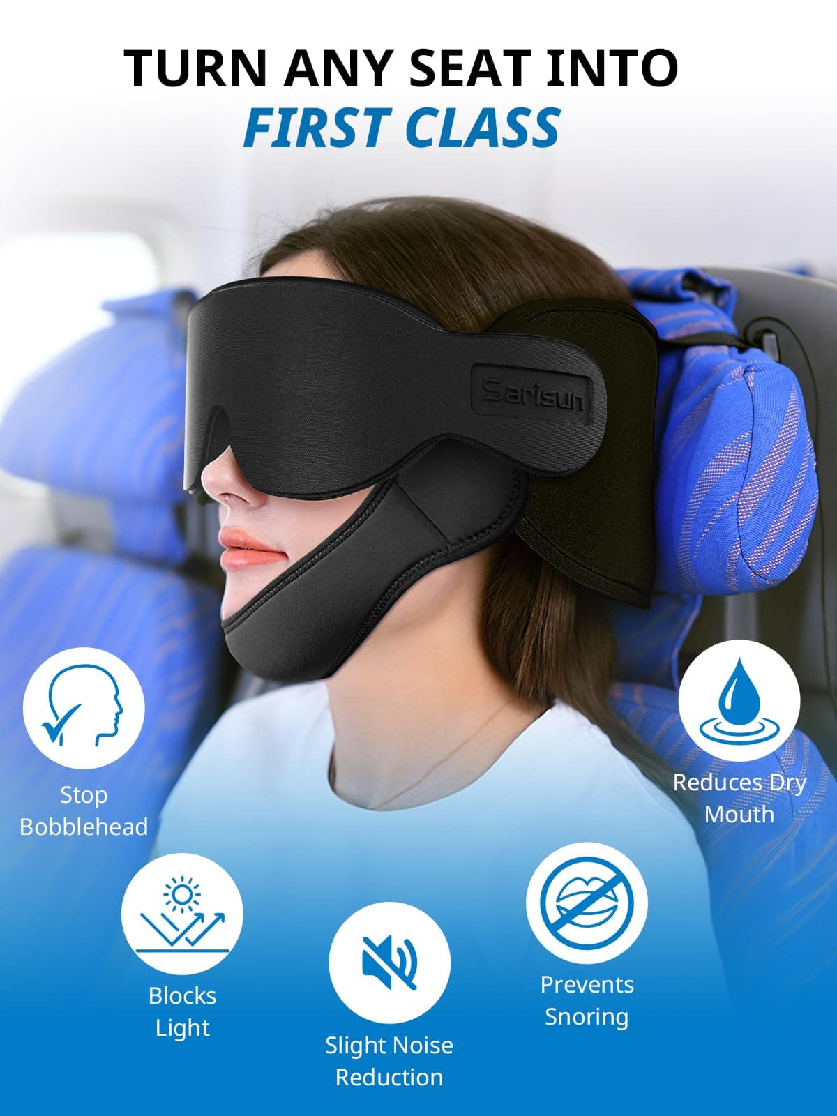 SARISUN Airplane Travel Pillow w/Chin Strap & Eye Mask - 360° Head Support - Thumbnail 3