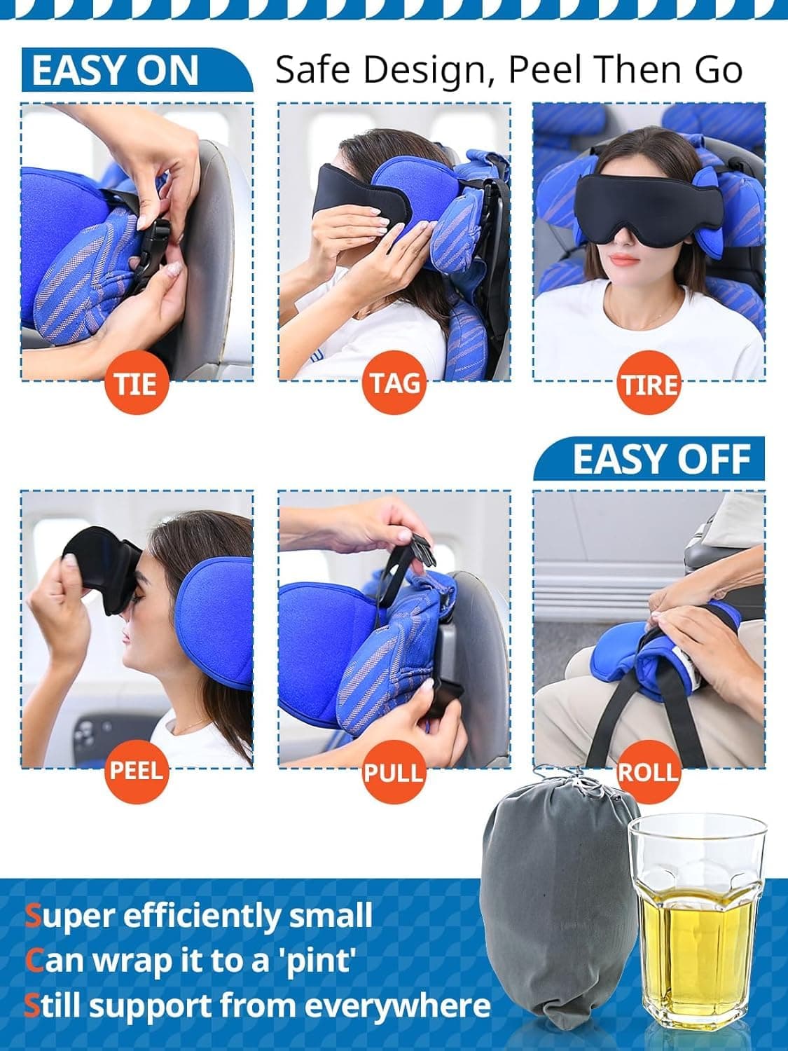 SARISUN Airplane Travel Pillow w/Chin Strap & Eye Mask - 360° Head Support - Thumbnail 7