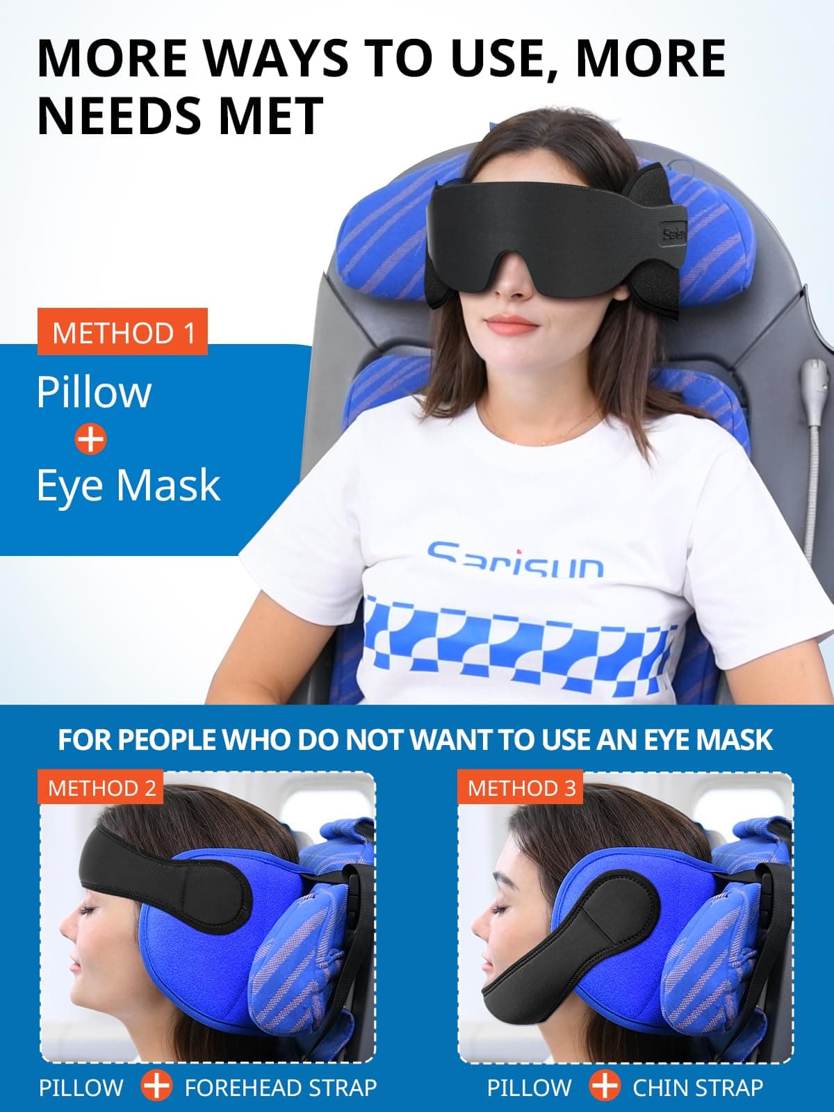 SARISUN Airplane Travel Pillow w/Chin Strap & Eye Mask - 360° Head Support - Thumbnail 2