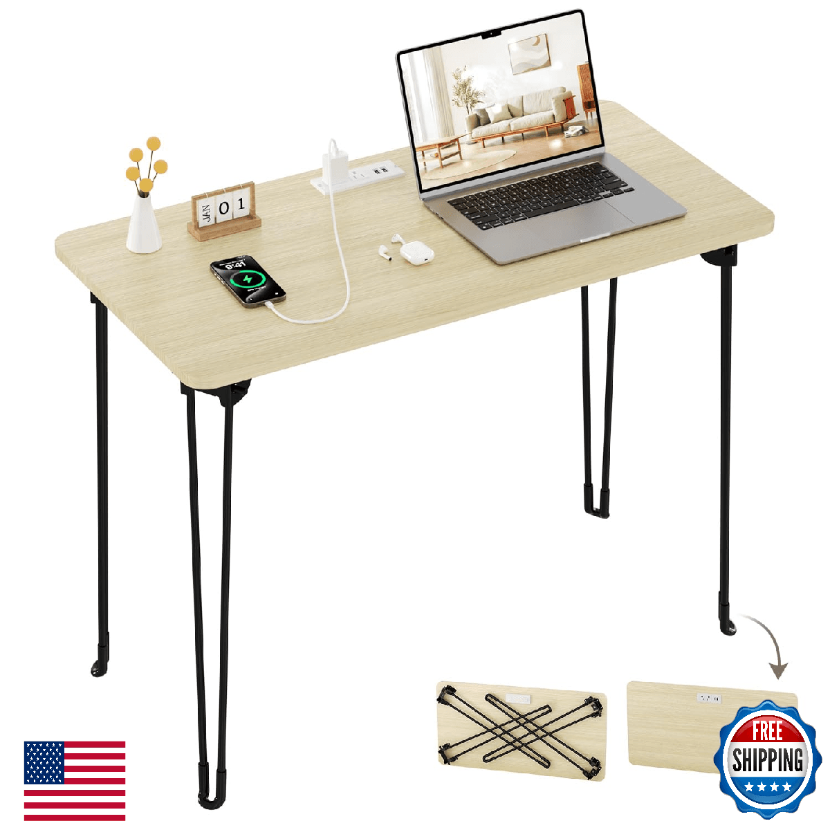 coeztt Folding Desk 31.5" Hairpin Legs Small Desk Power Strip Bedroom Space Savi - Image 1