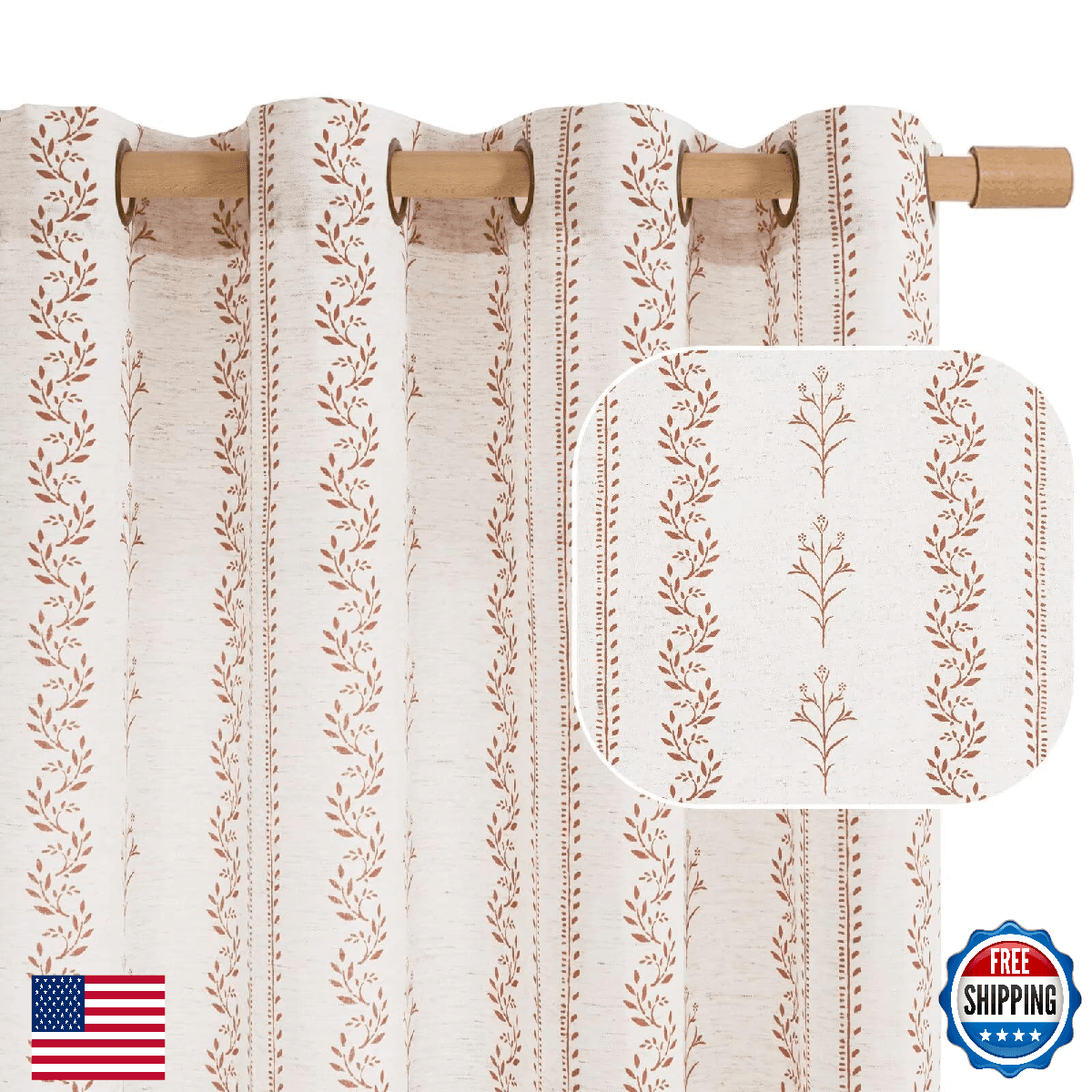 BGment Terracotta Boho Curtains Leaf Floral Print Cottage Core Botanical Curtain - Image 1