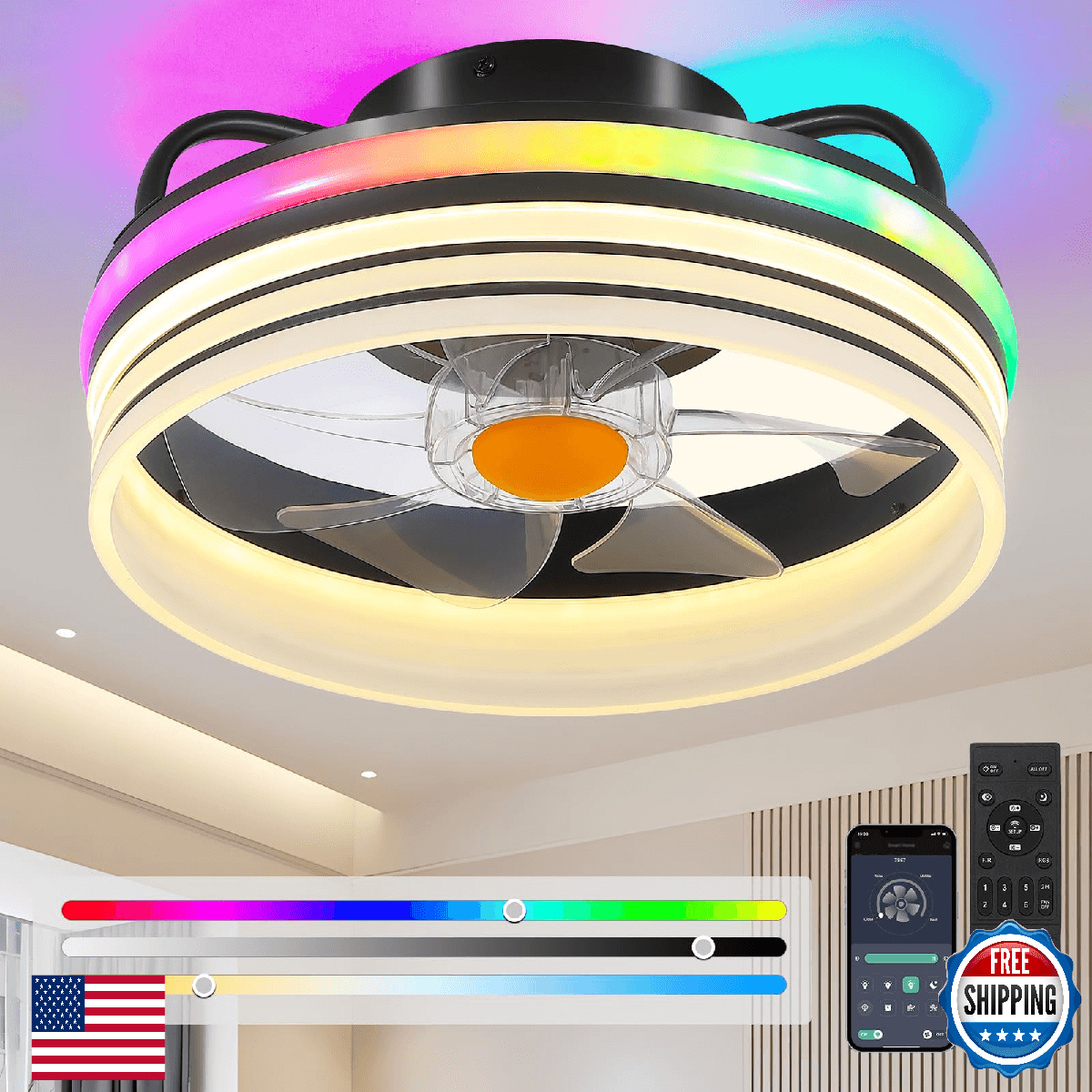 BYKISTOK 13" Bladeless Flush Mount Ceiling Fan w/ RGB Light, 6 Speed, Remote/App - Image 1