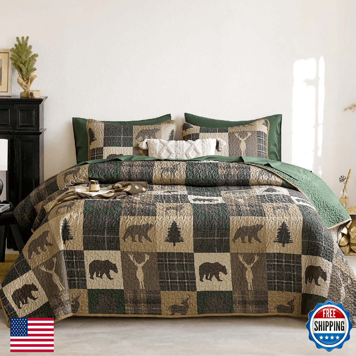 Wake In Cloud - Rustic Quilt Set, Cabin Lodge Christmas Bear Moose Deer Wildlife - Image 1