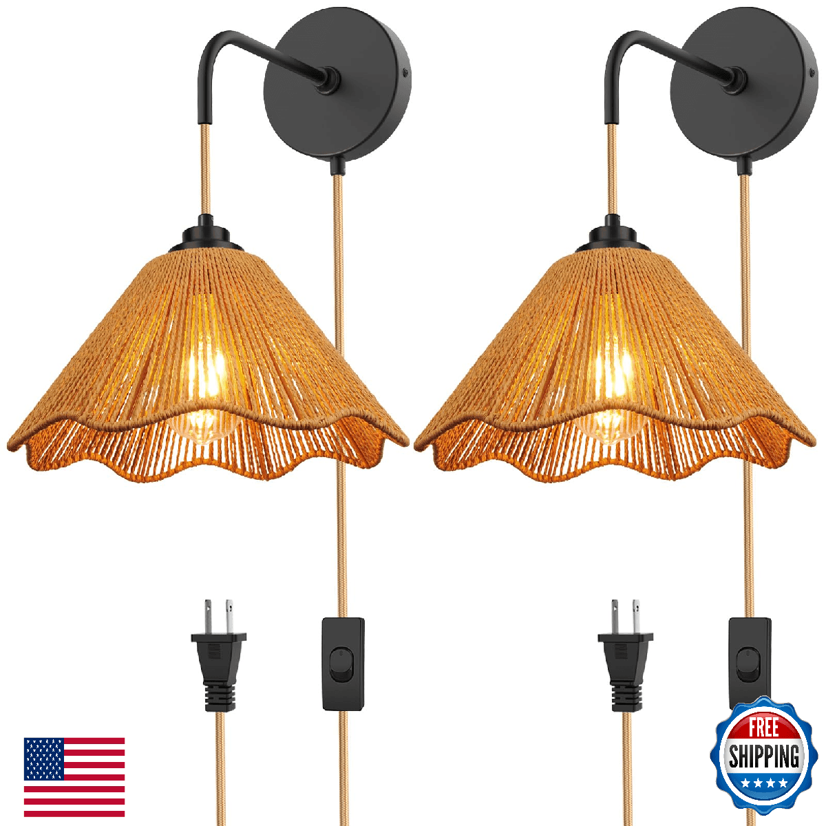 tebio Plug-in Wall Sconces Set of 2, Handwoven Boho Decor, Wall Light - Image 1