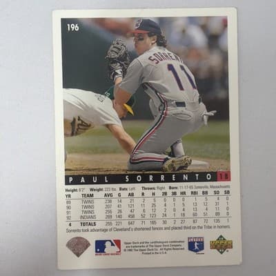 1993 Upper Deck #196 Paul Sorrento Cleveland Indians Baseball Card w/signature - Thumbnail 3