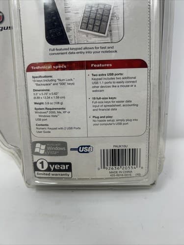 TARGUS Numeric Keypad 2 USB ports 19 Full Size Keys 10 Key Data Entry Win PC NIB - Thumbnail 3