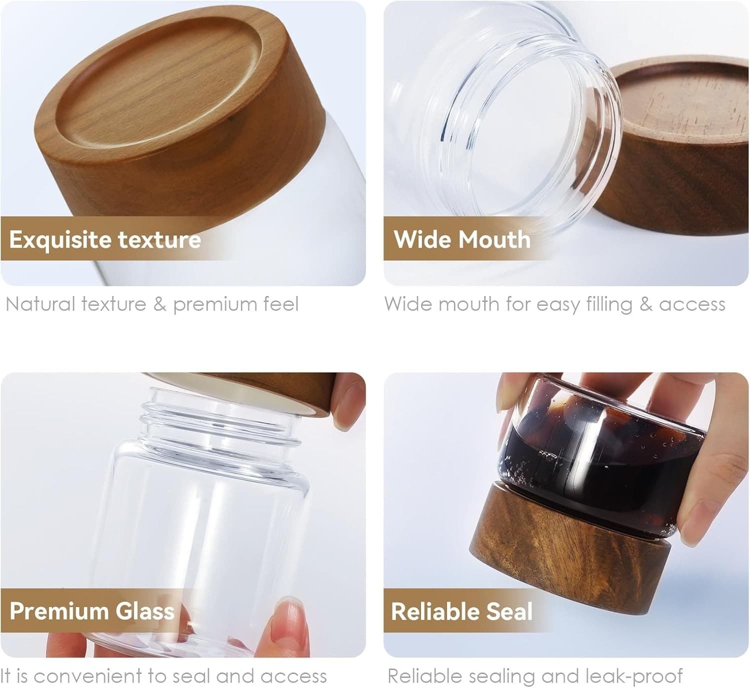 6-Pack 6 fl oz Airtight Food Sealed Jars with Acacia Wood Lids - Glass Meal Prep - Thumbnail 8