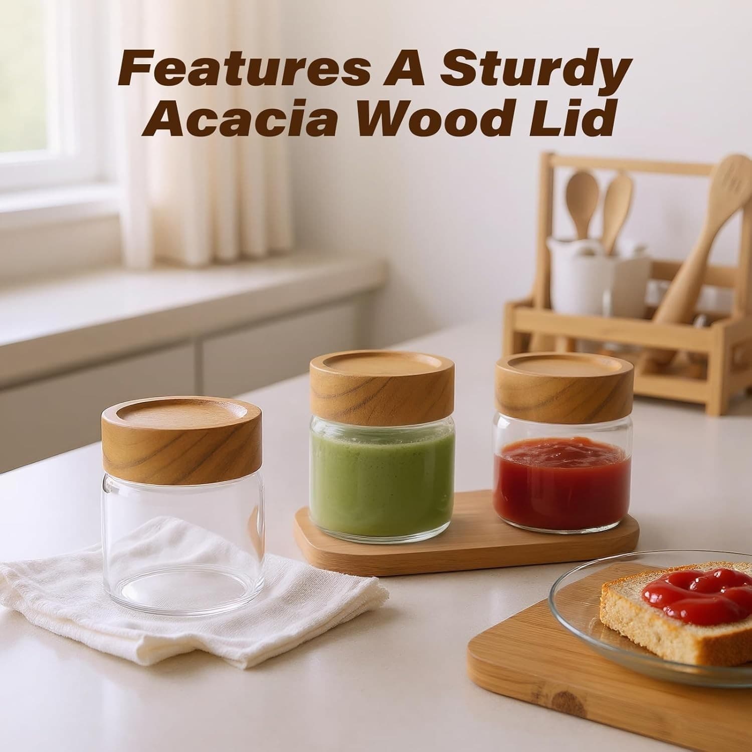 6-Pack 6 fl oz Airtight Food Sealed Jars with Acacia Wood Lids - Glass Meal Prep - Thumbnail 4