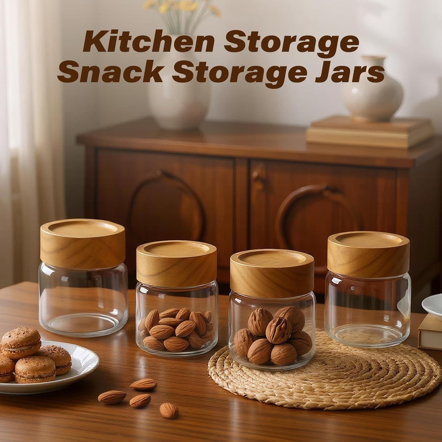 6-Pack 6 fl oz Airtight Food Sealed Jars with Acacia Wood Lids - Glass Meal Prep - Thumbnail 5
